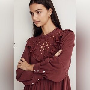 Madewell Eyelet Ruffle Long-Sleeve Dress - Burgundy